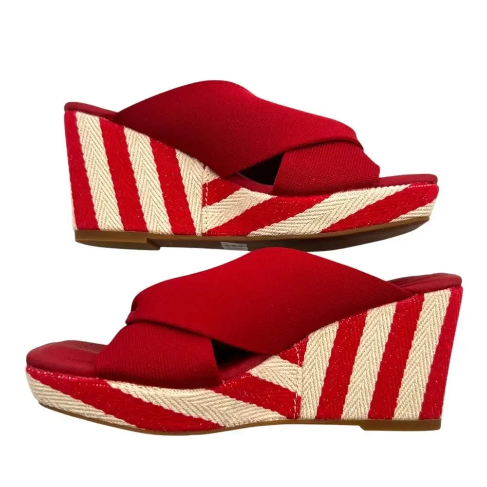 Vivaia Laura square-toe wedge sandals in ruby red striped platform sz 35